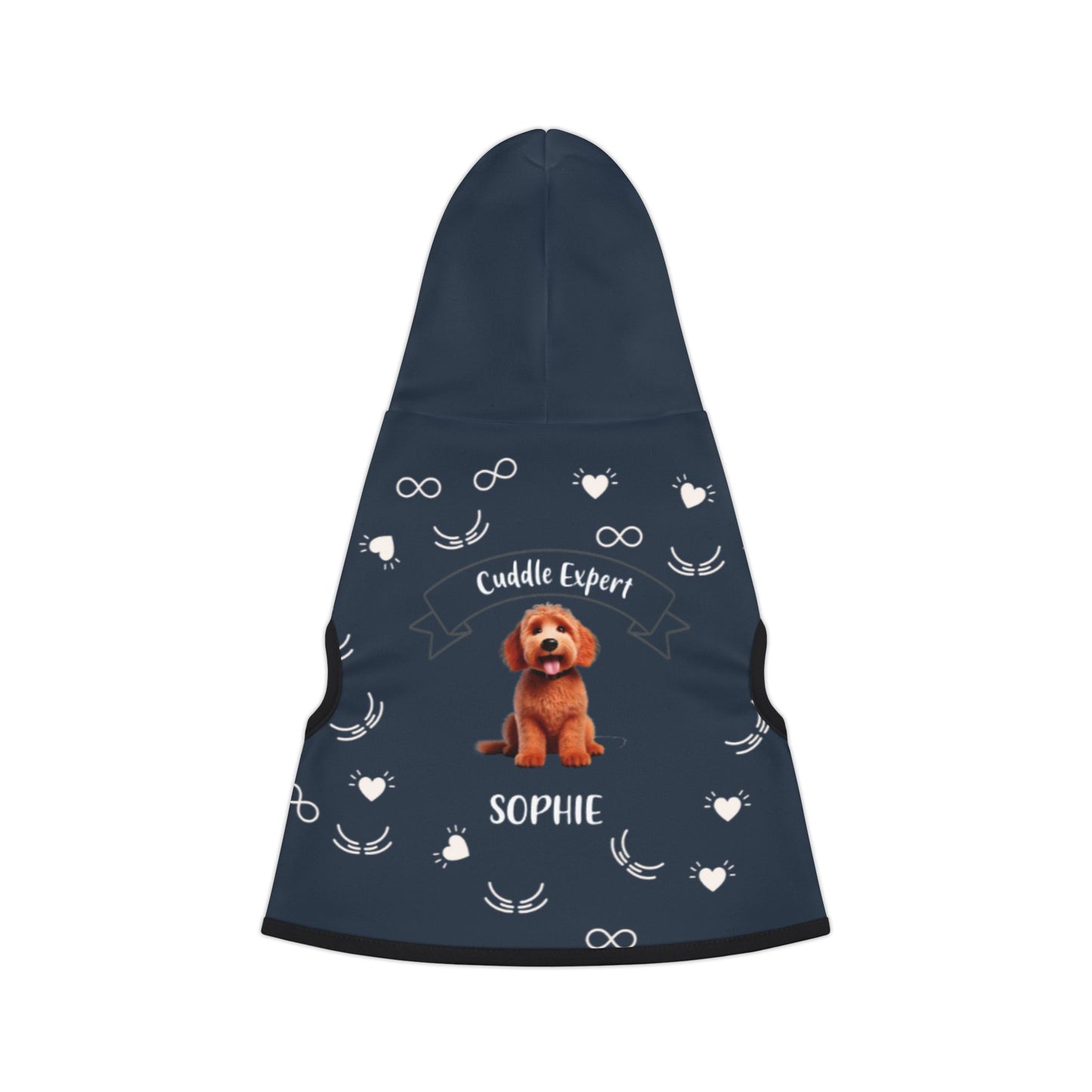 Navy blue pet hoodie with a dog illustration and text on a white background