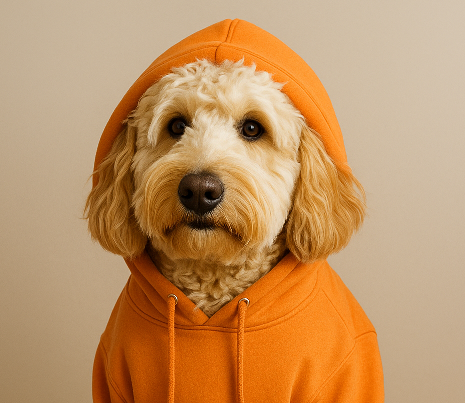 Goldendoodle in orange hoodie, personalized pet apparel.