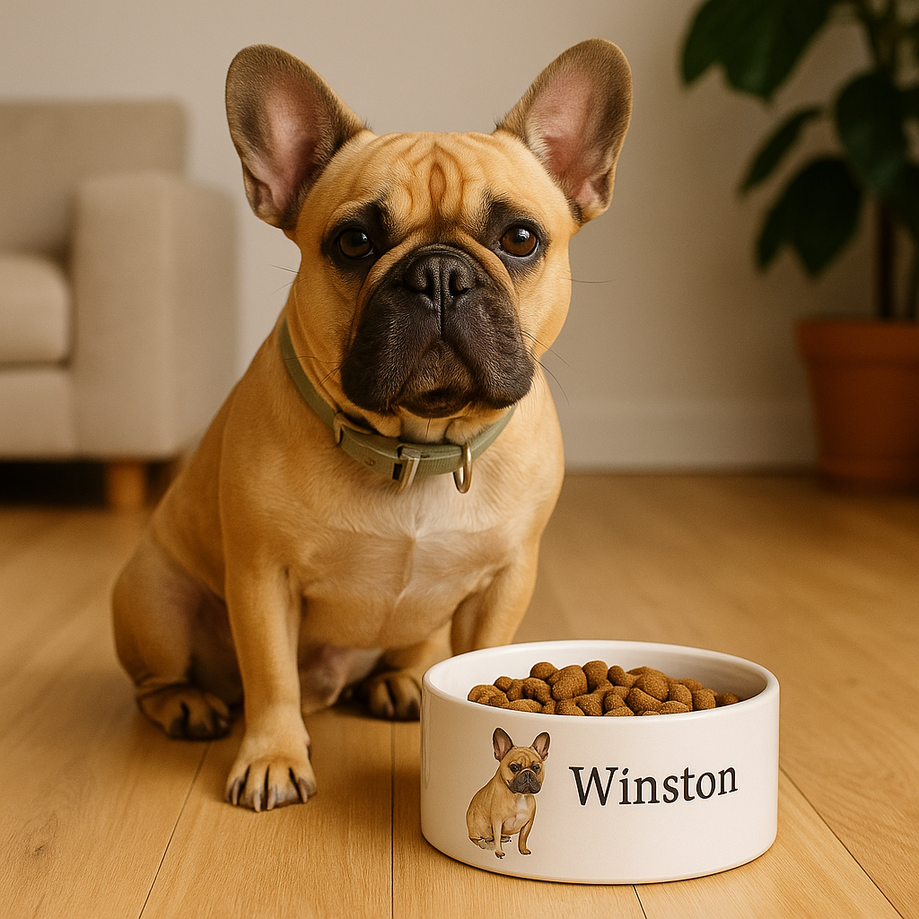 Fawn French Bulldog sitting beside a personalized white ceramic food bowl with custom name and dog illustration.