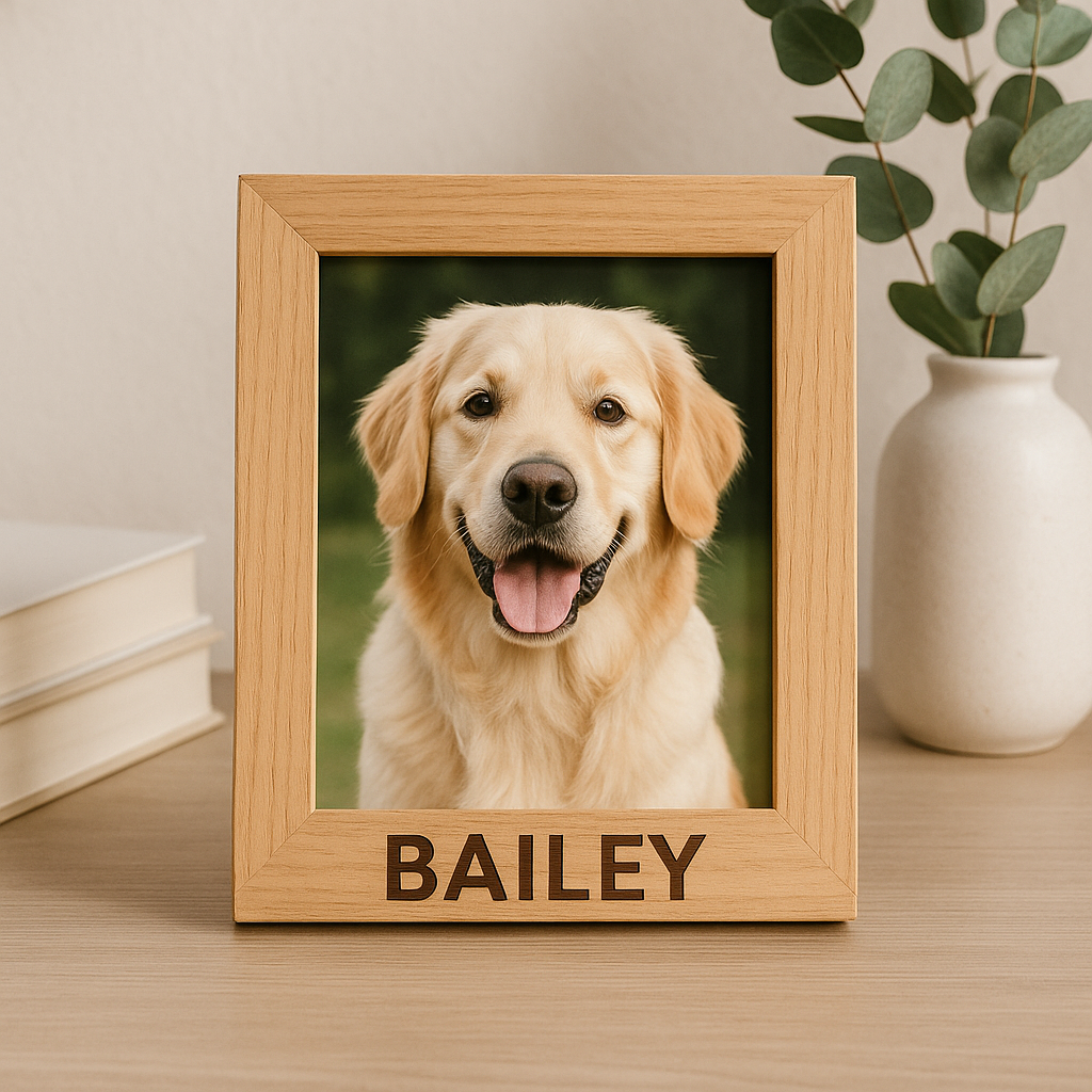 Personalized wooden photo frame with engraved dog name “Bailey” holding a portrait of a Golden Retriever.