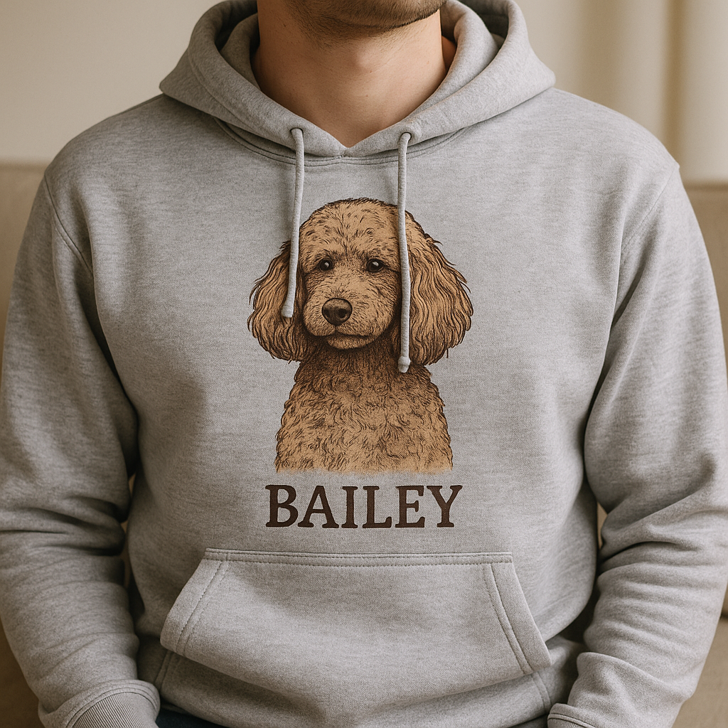 Person wearing a gray hoodie featuring a rustic-style poodle illustration with the name “Bailey” printed underneath.