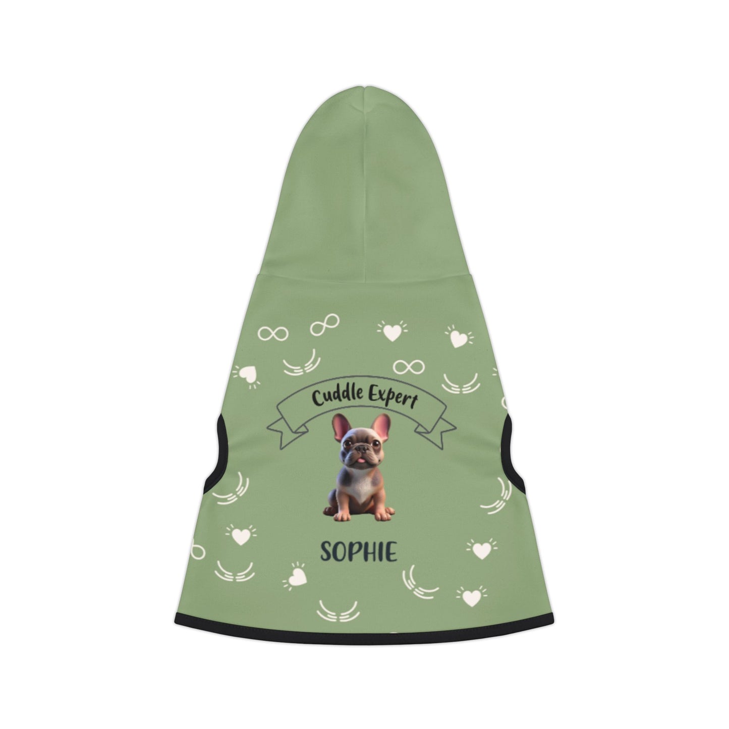 Green dog hoodie with a printed custom dog image design and name on a white background