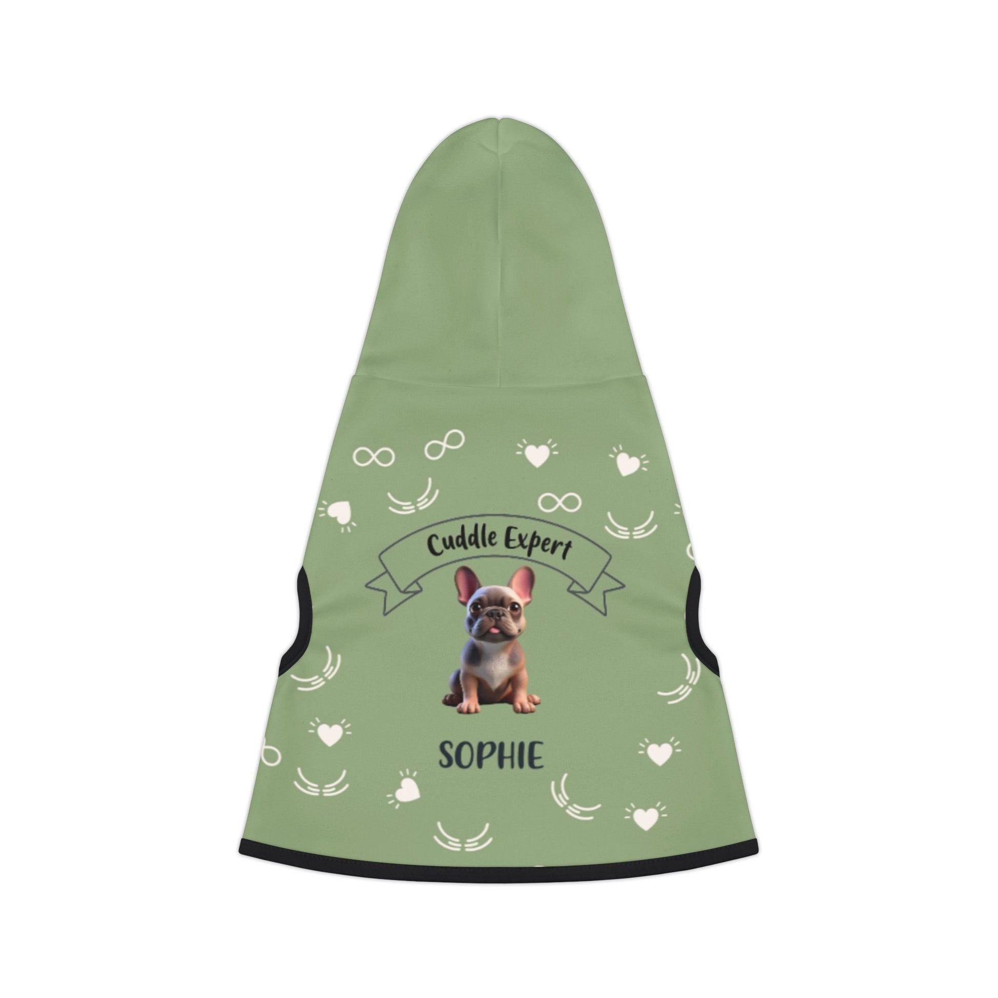 Green dog hoodie with a printed custom dog image design and name on a white background