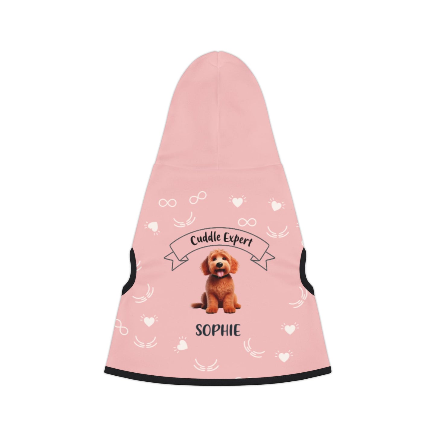 Pink dog coat with a dog illustration and text on a white background
