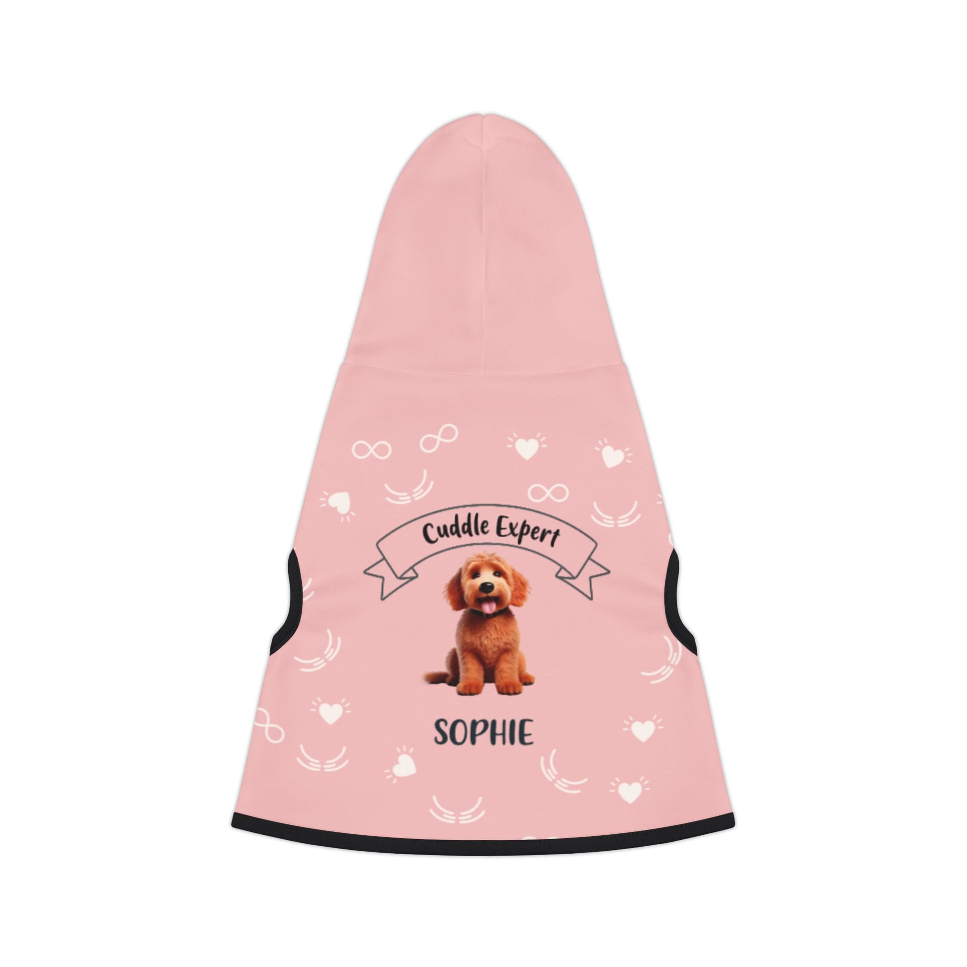 Pink dog coat with a dog illustration and text on a white background