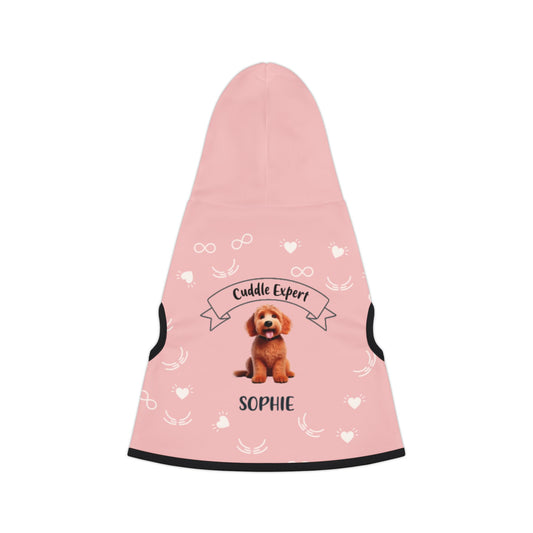Pink dog coat with a dog illustration and text on a white background