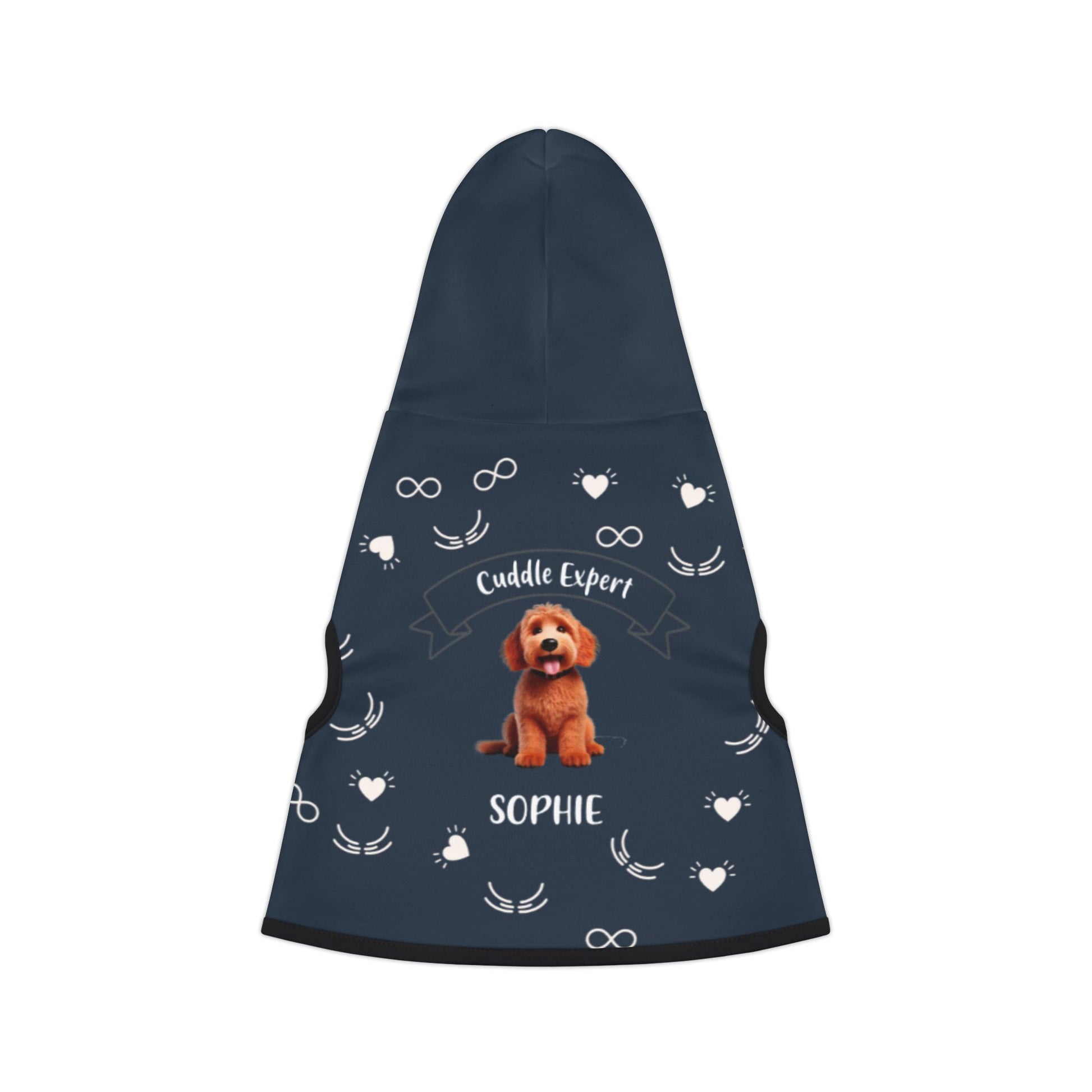 Navy blue pet hoodie with a dog illustration and text on a white background
