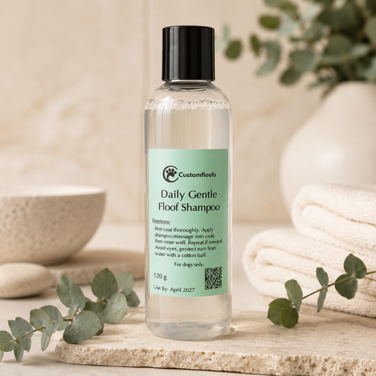 Customfloofs Daily Gentle Floof Shampoo bottle for gentle everyday dog baths and soft fresh coats