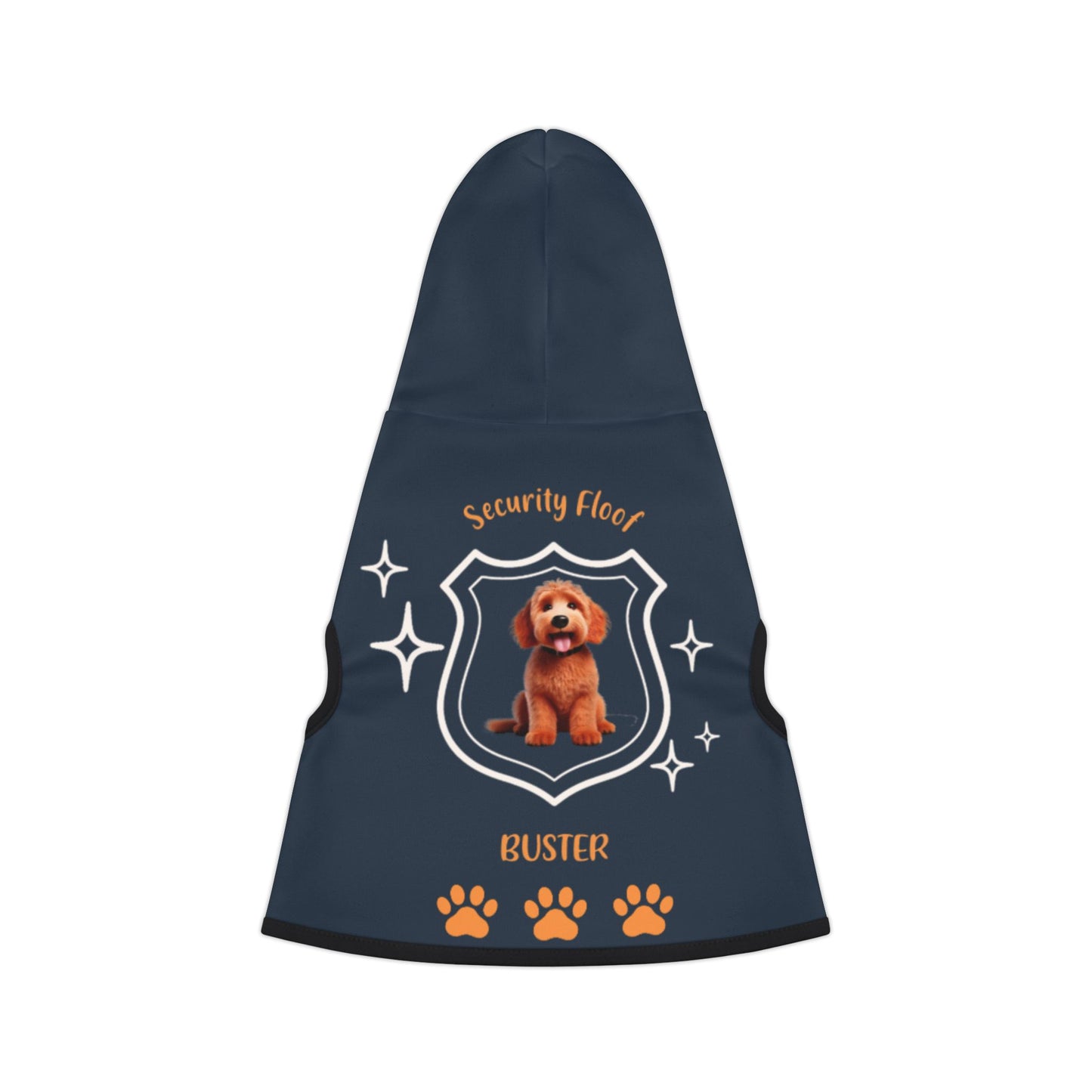 Navy blue custom pet hoodie with a dog breed and name 