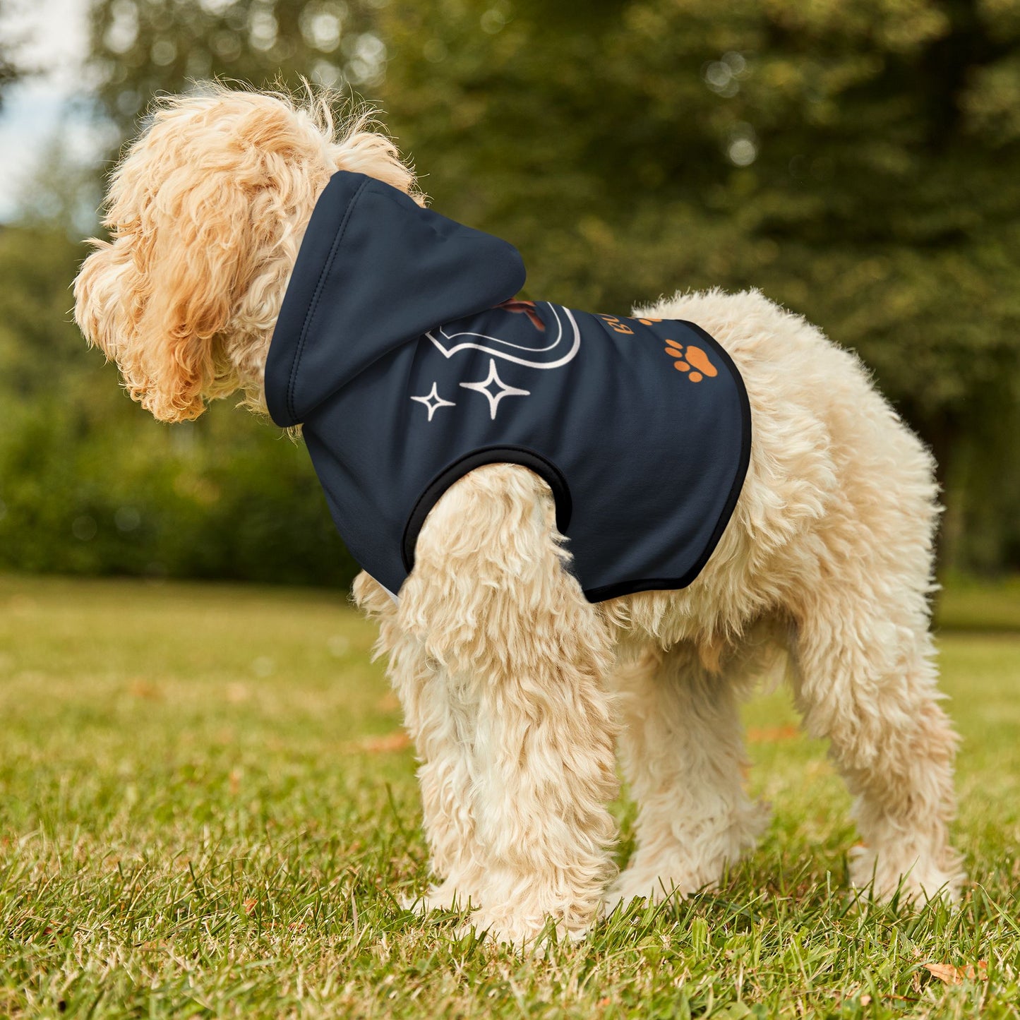 Golden Doodle wearing Navy custom pet hoodie with a dog breed and name 