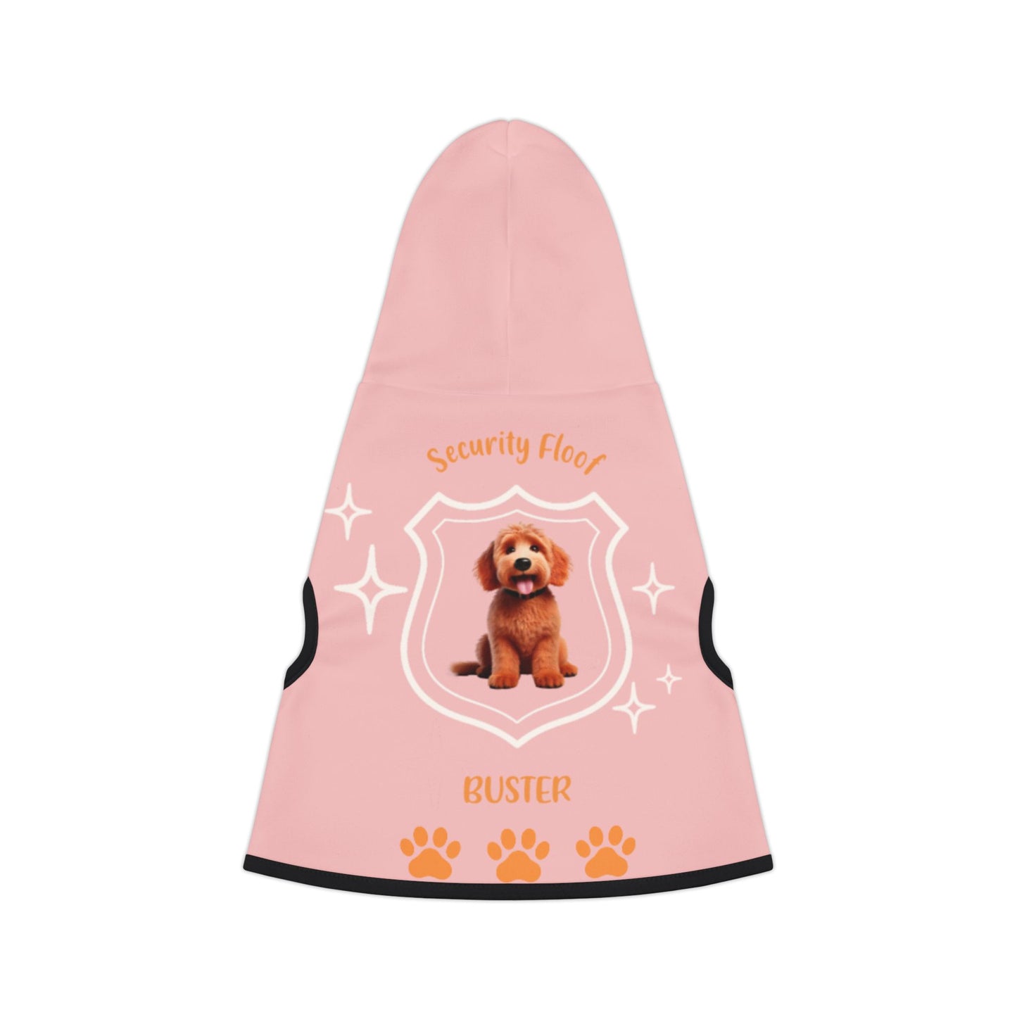 Pink custom pet hoodie with a dog breed and name 