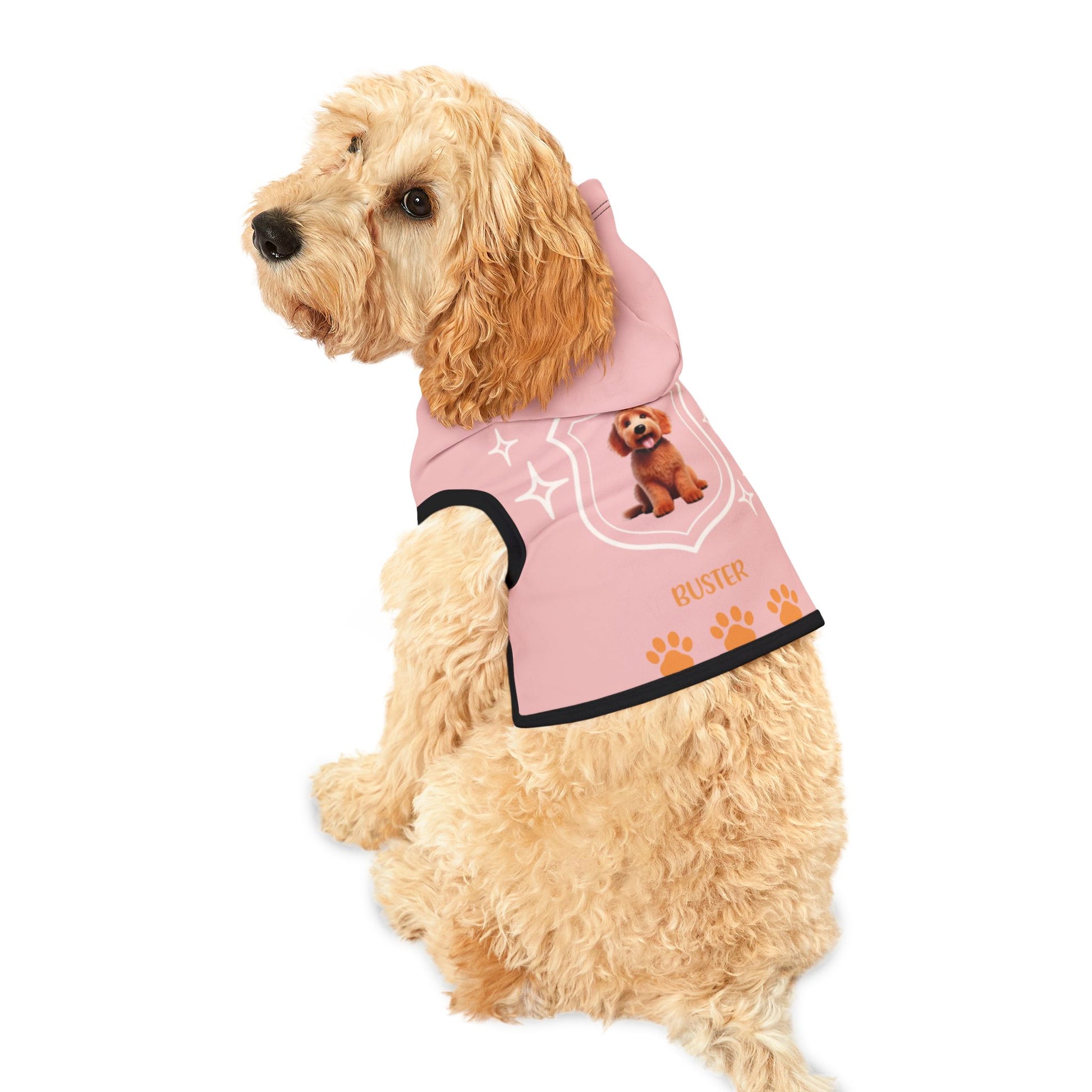 Golden Doodle wearing Pink custom pet hoodie with a dog breed and name 