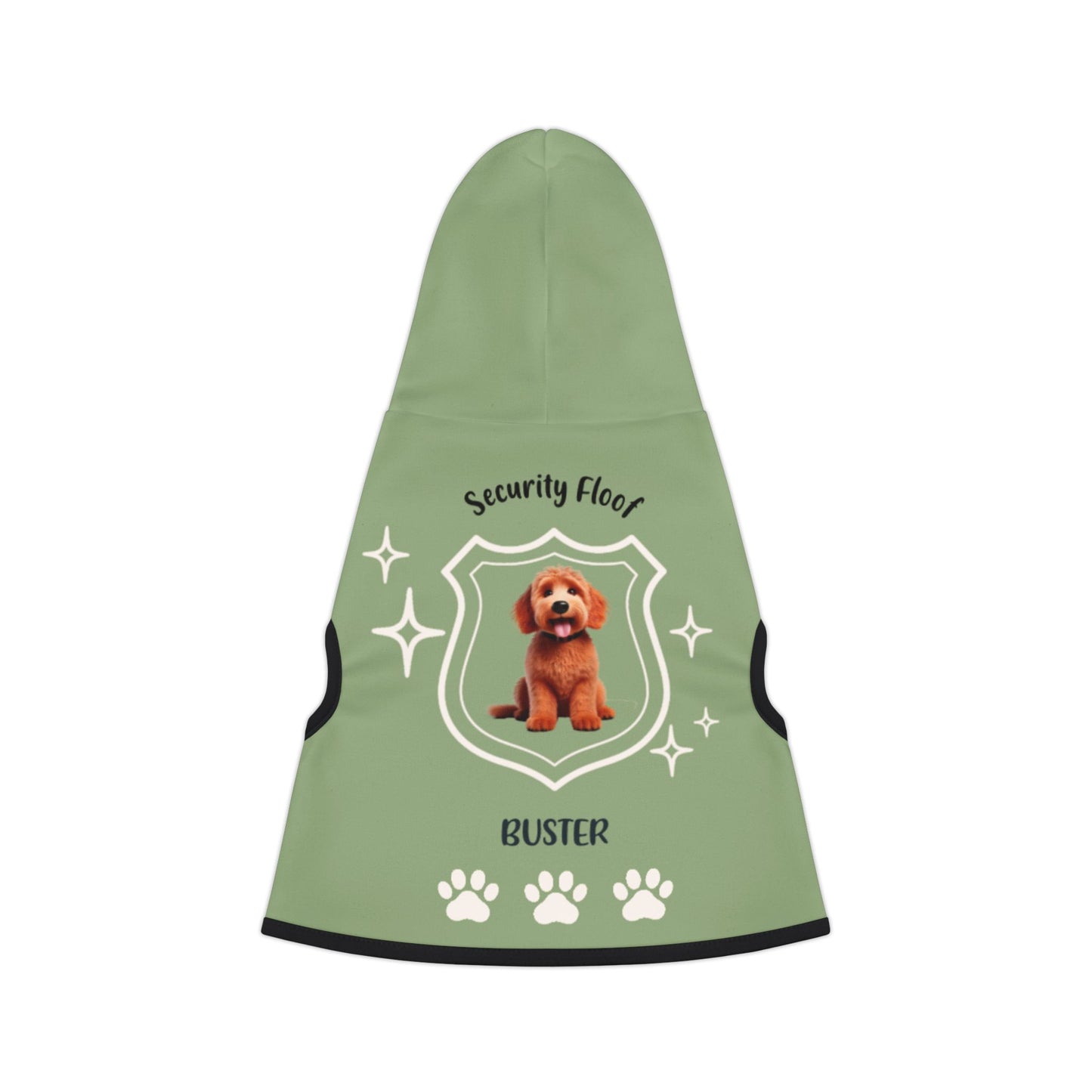 Green custom pet hoodie with a dog breed and name 