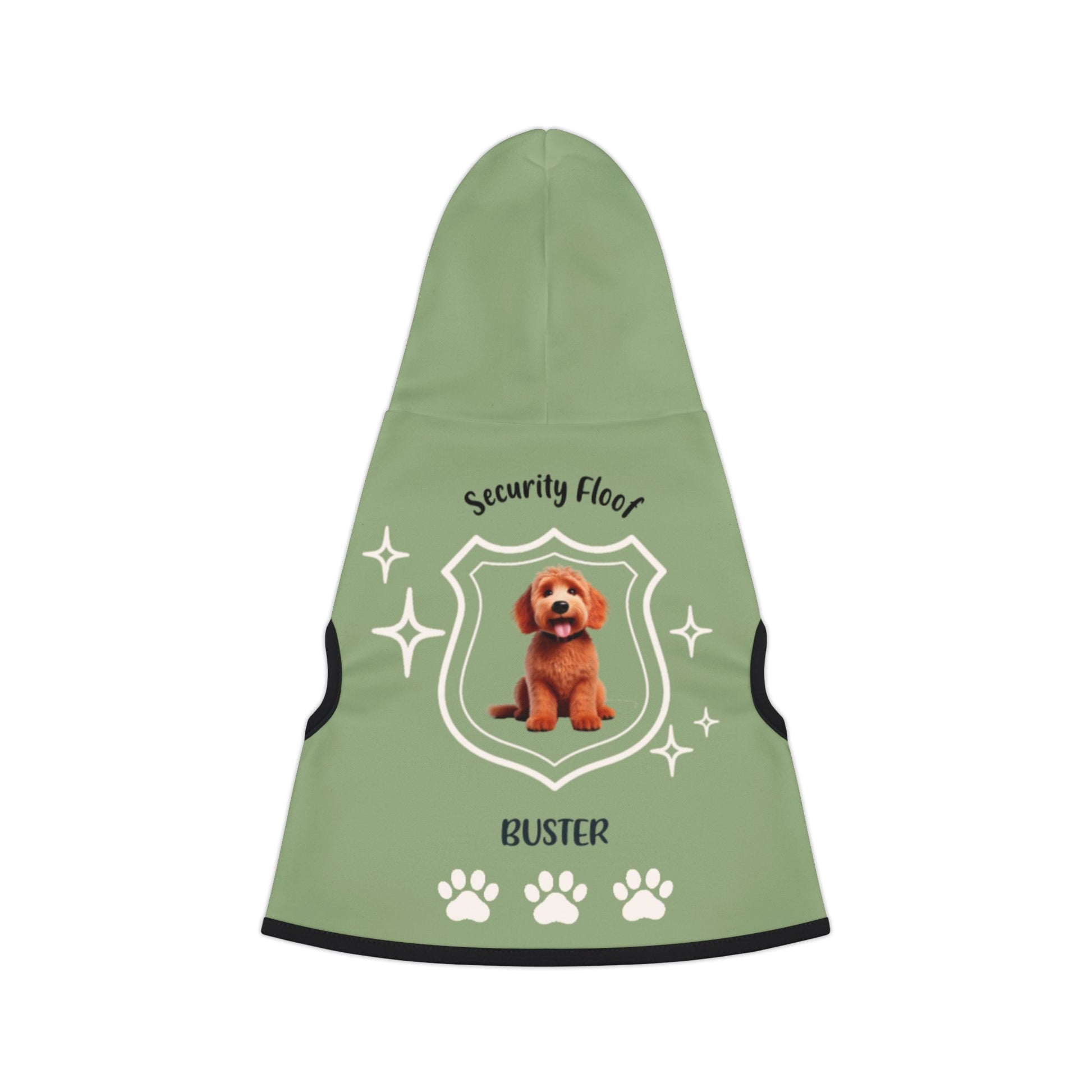 Green custom pet hoodie with a dog breed and name 
