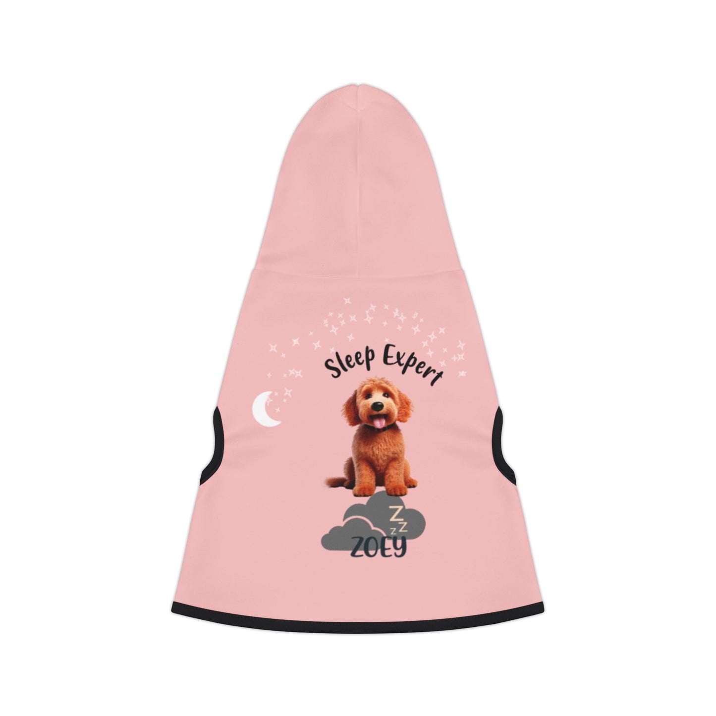 Pink custom pet hoodie with a dog breed and name 