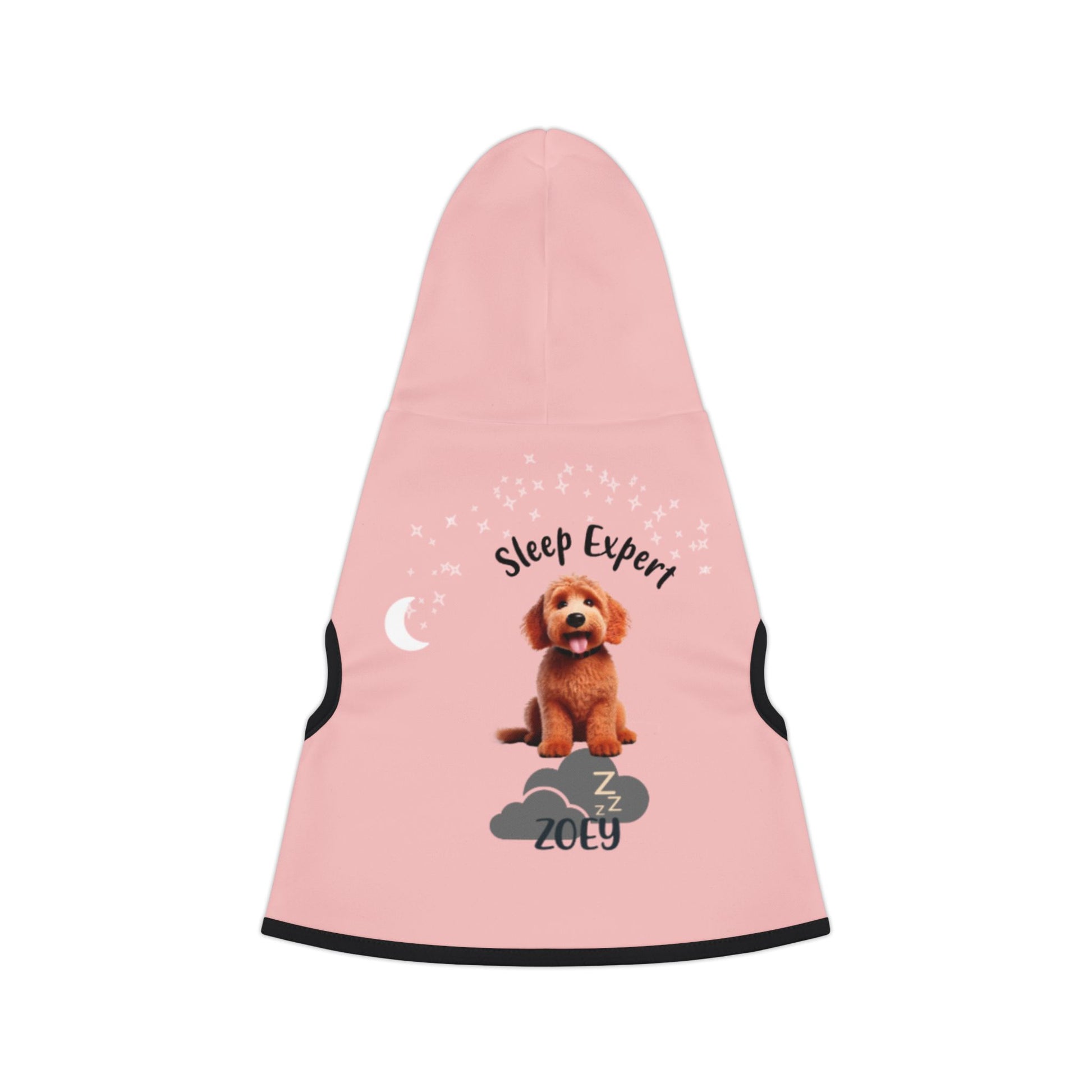 Pink custom pet hoodie with a dog breed and name 