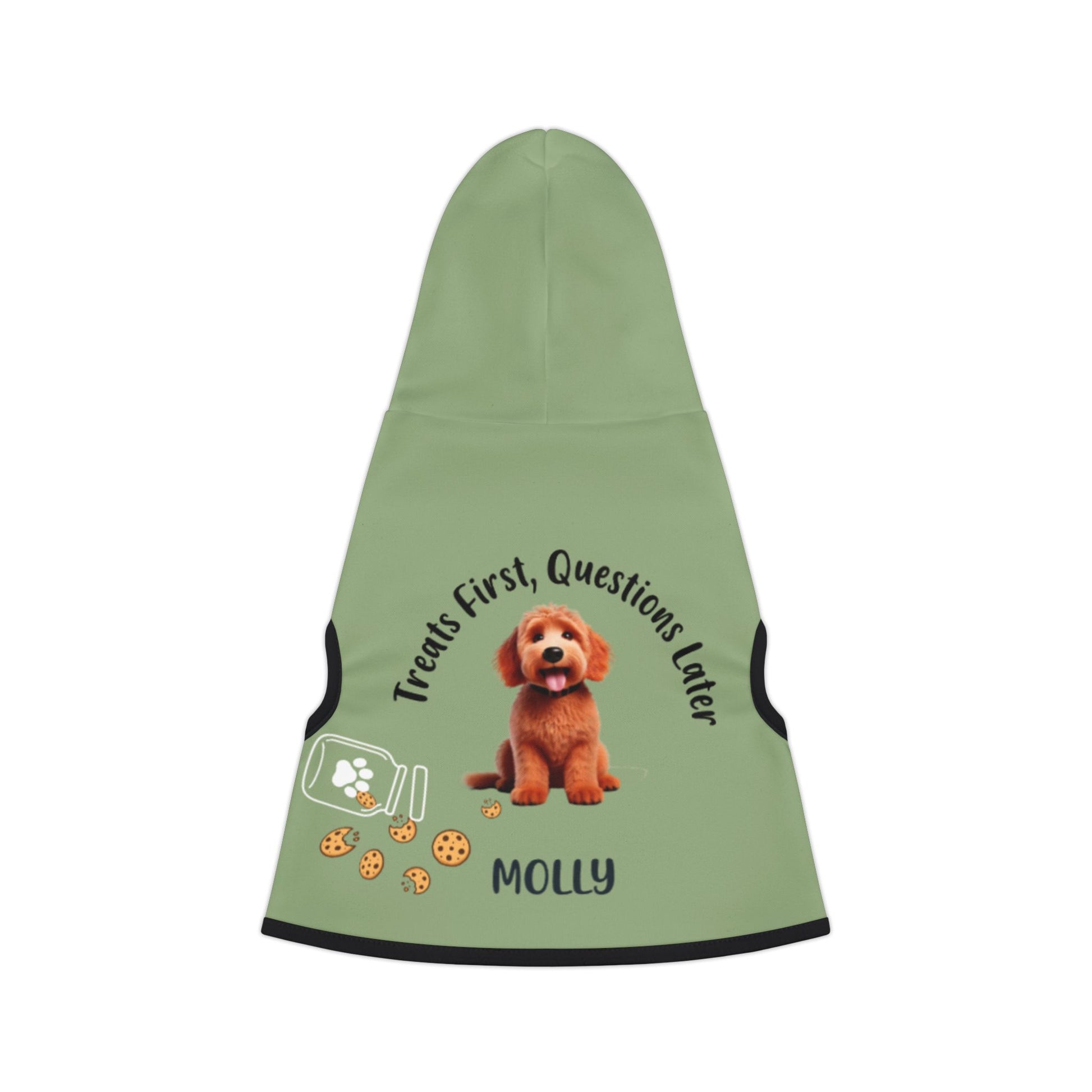 A green custom dog hoodie with a breed image and name