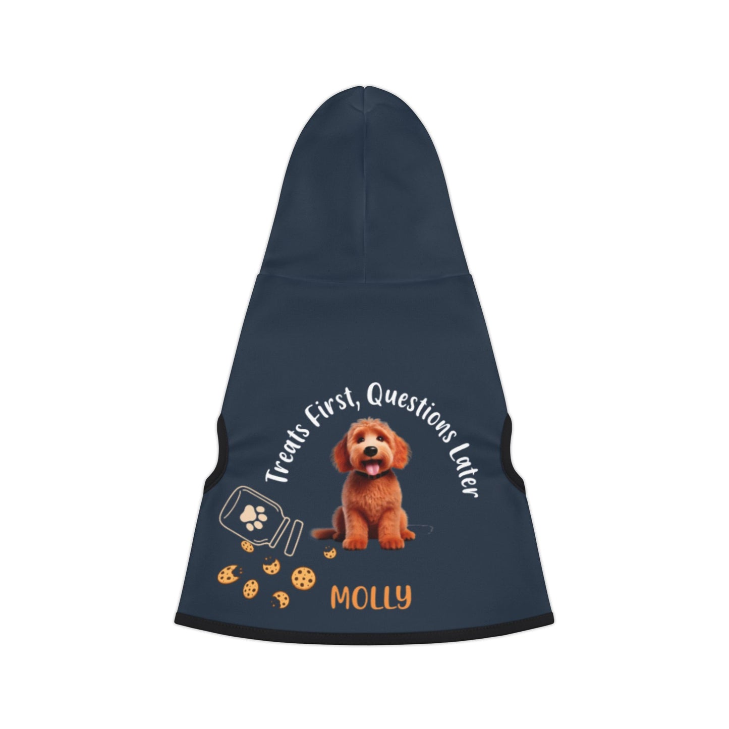 A navy custom dog hoodie with a breed image and name