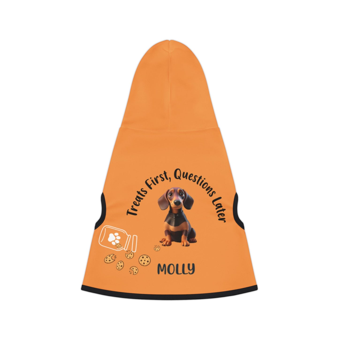 An orange custom dog hoodie with a breed image and name