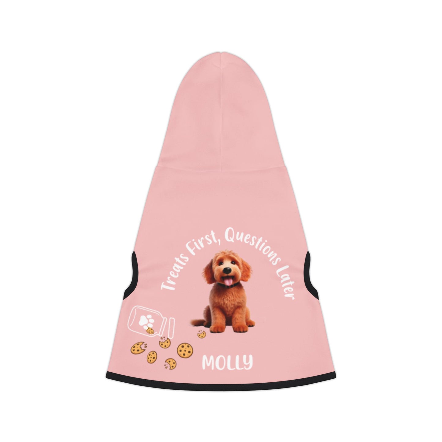 A pink custom dog hoodie with a breed image and name