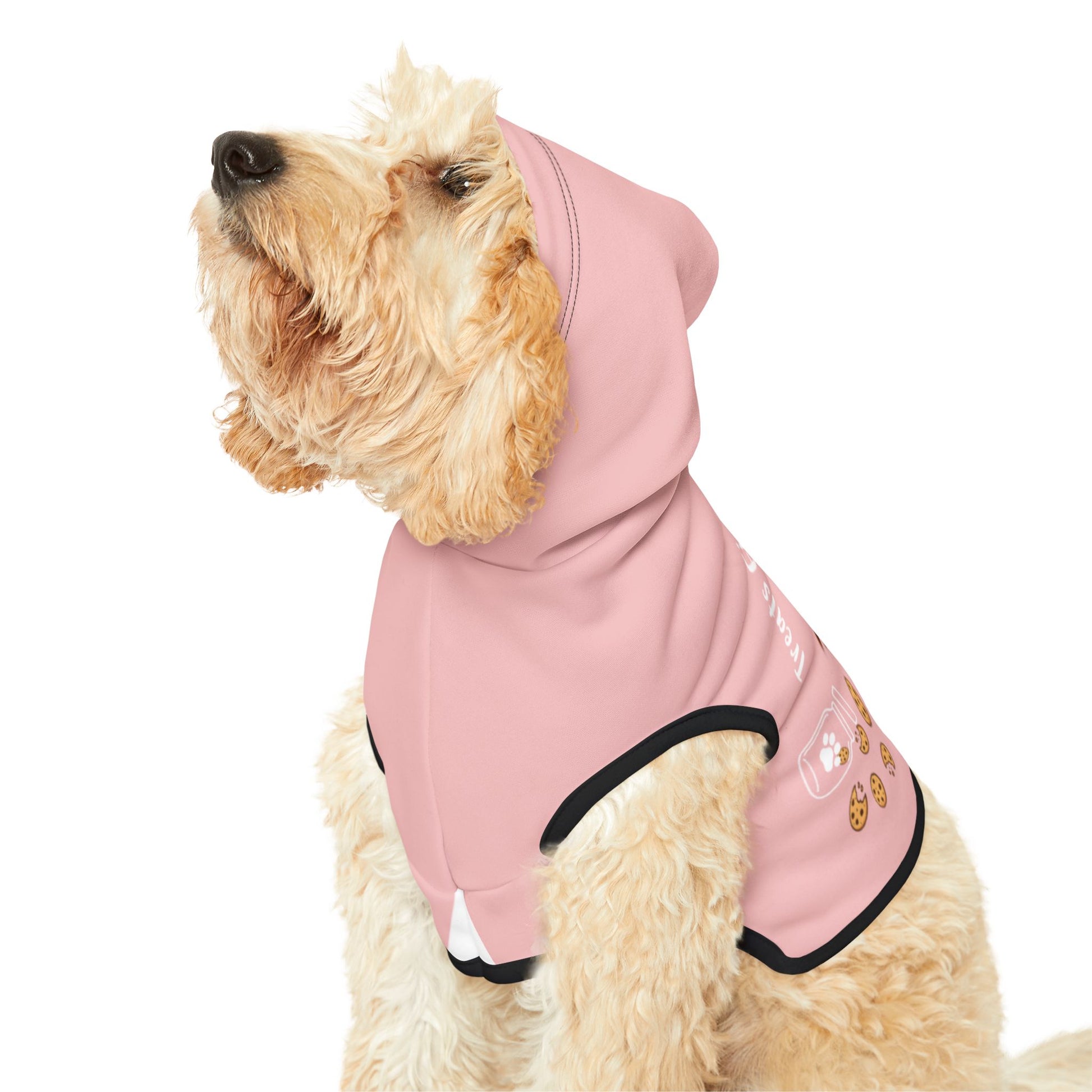 A dog wearing a custom pink dog hoodie with a name and breed image