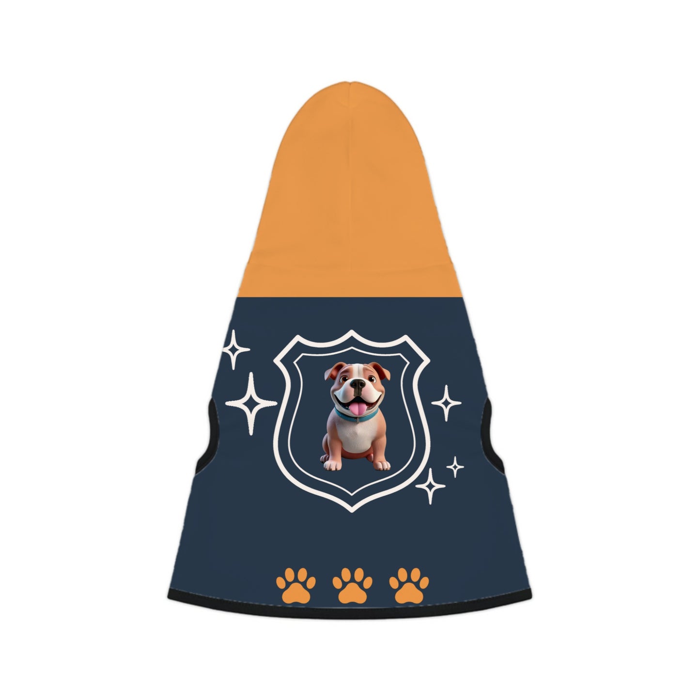 Orange and Navy blue custom pet hoodie with a dog breed and name 
