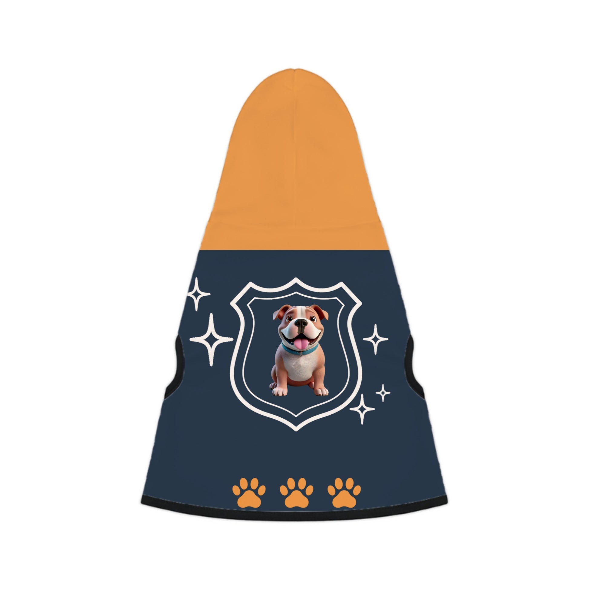 Orange and Navy blue custom pet hoodie with a dog breed and name 