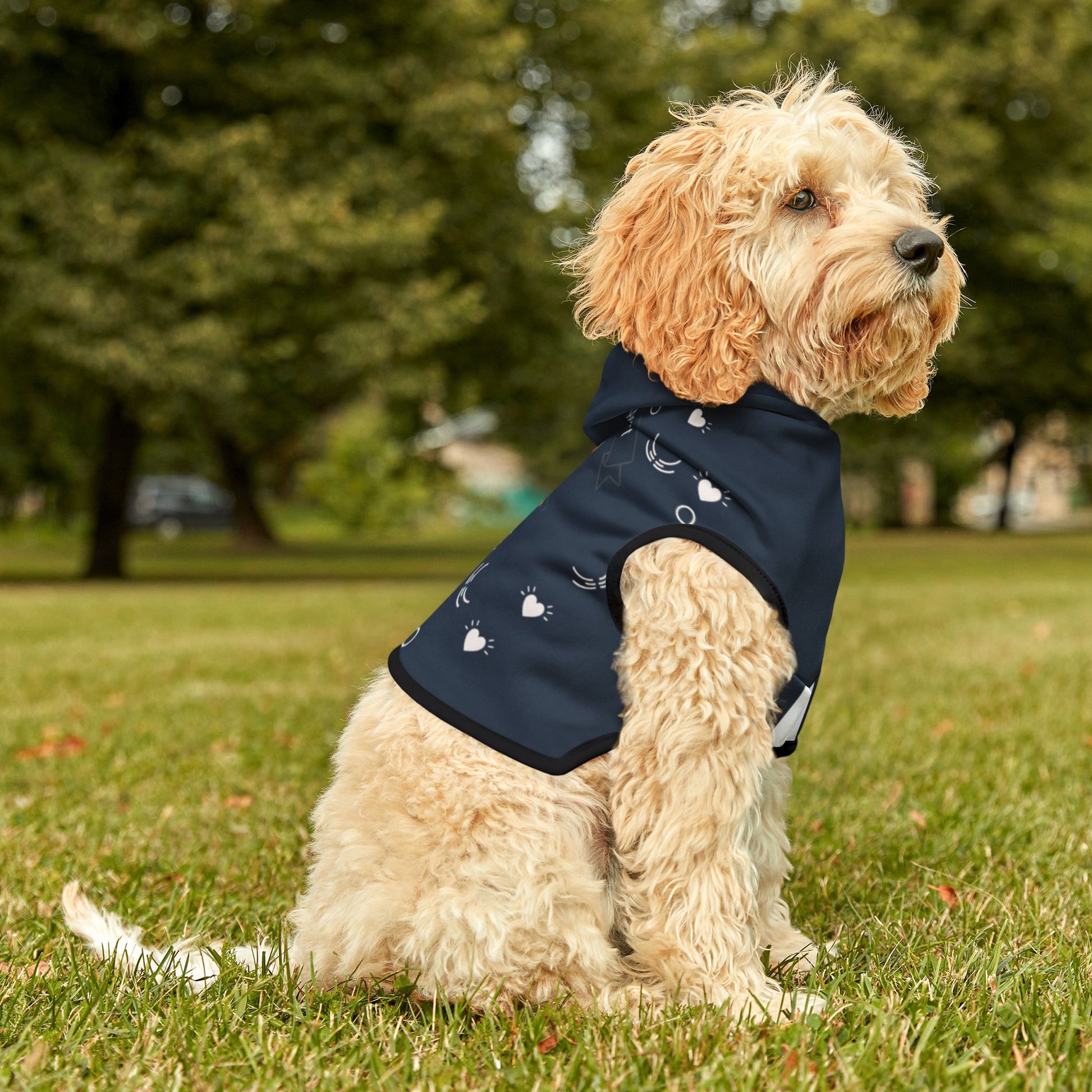 Dog wearing a navy hoodie with custom dog image and name with black trim sitting on grass